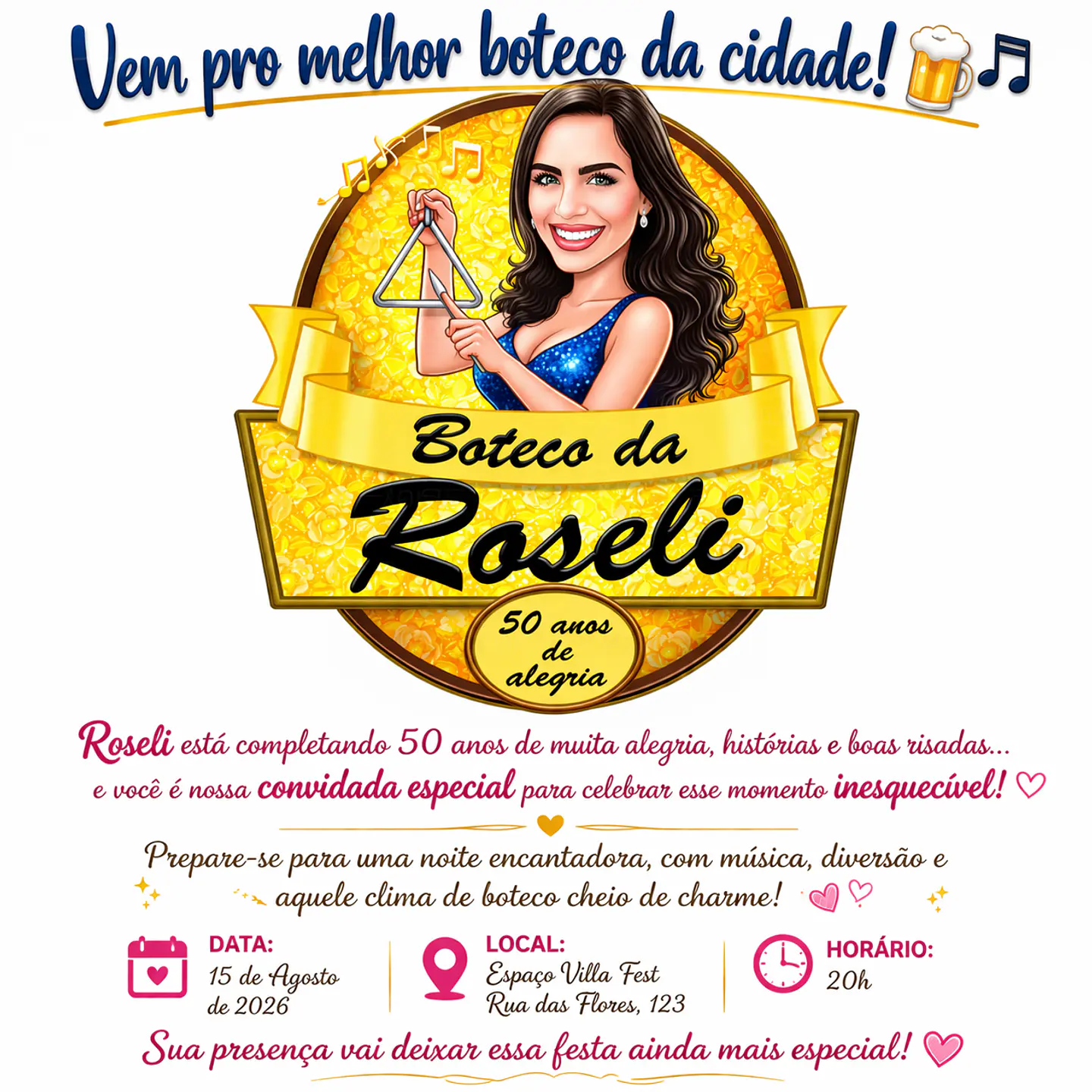 Caricatura Digital Feminina Tema Boteco | Convite Personalizado para Aniversário com Arte Exclusiva 1