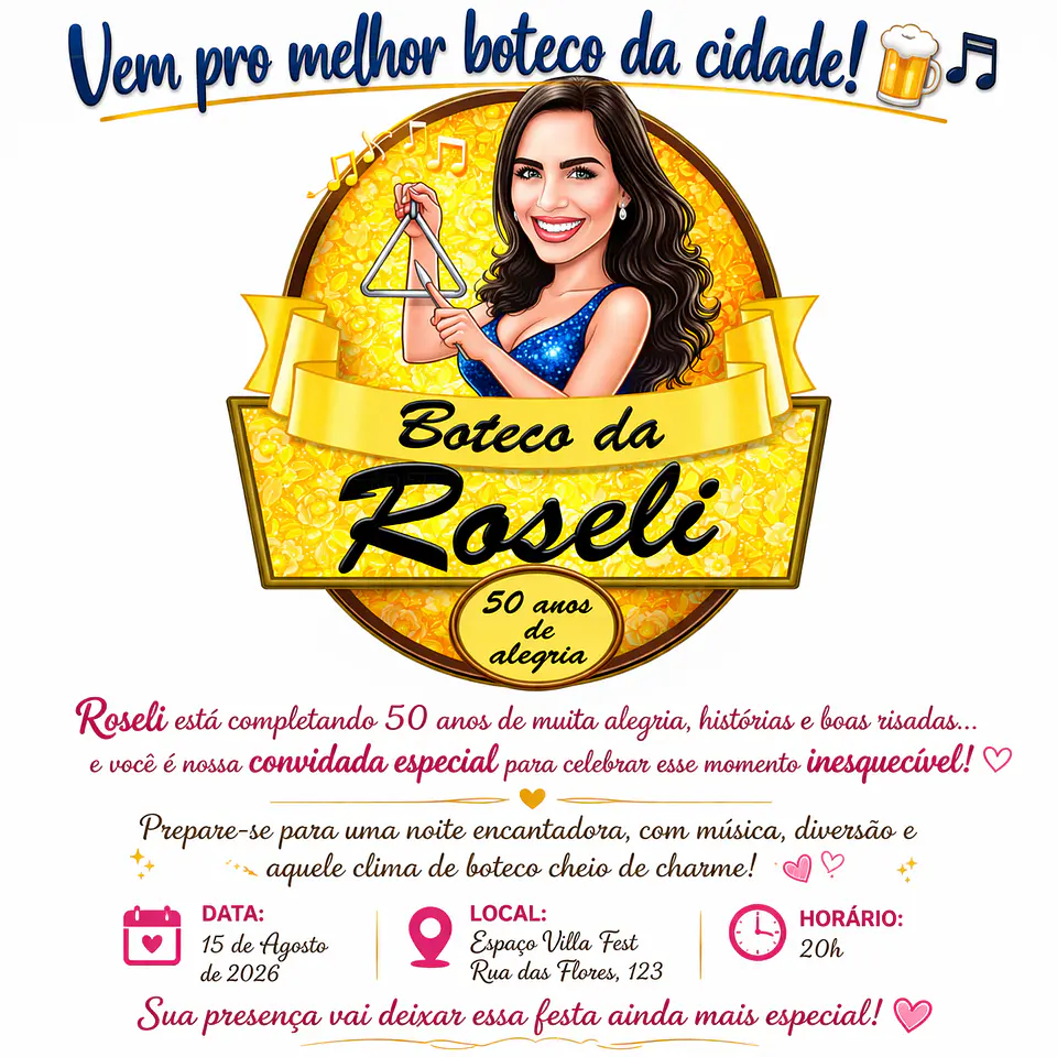 Caricatura Digital Feminina Tema Boteco | Convite Personalizado para Aniversário com Arte Exclusiva 1