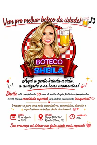 Caricatura Digital Feminina Tema Boteco | Convite Personalizado para Aniversário com Arte Exclusiva