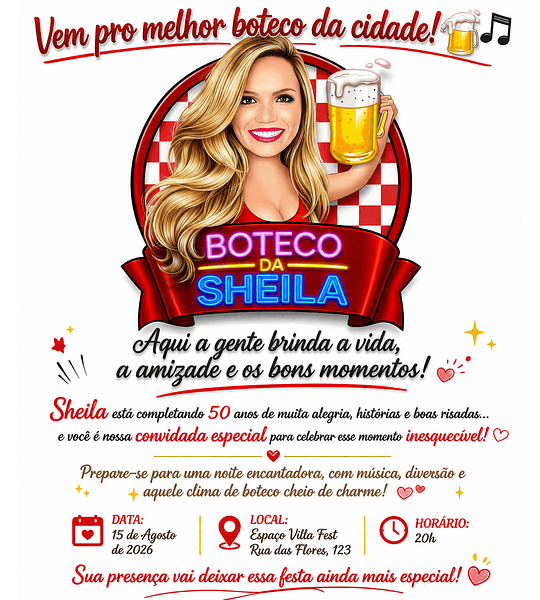  Convite com Caricatura Personalizada em Alta Resolução Festa Aniversário Boteco Bar Mulher Brindando Copo Cerveja p Banner Convite Lembranças
