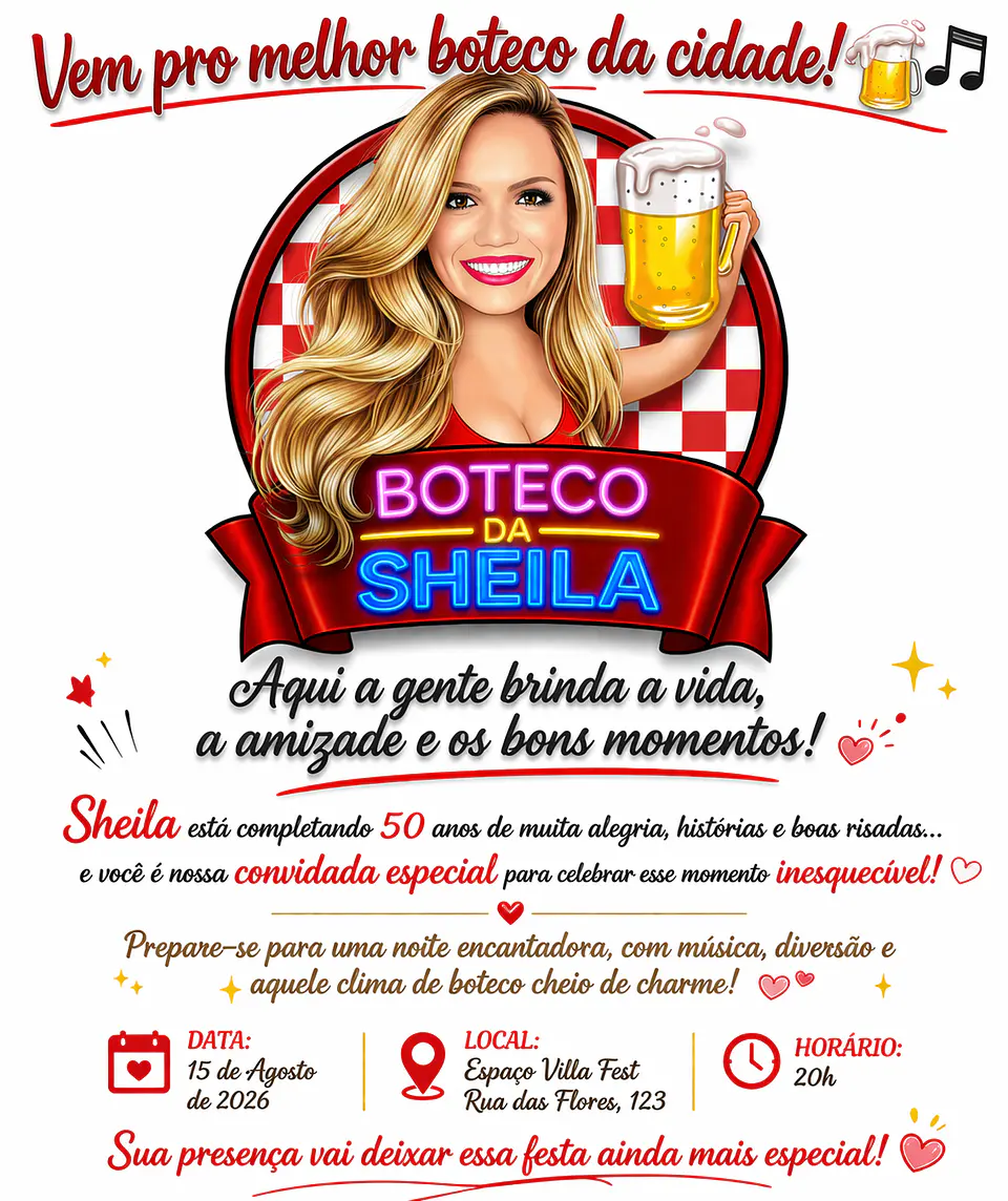 Caricatura Digital Feminina Tema Boteco | Convite Personalizado para Aniversário com Arte Exclusiva 2