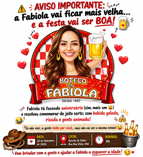 Caricatura Personalizada Feminina Tema Boteco | Convite e Banner para Aniversário