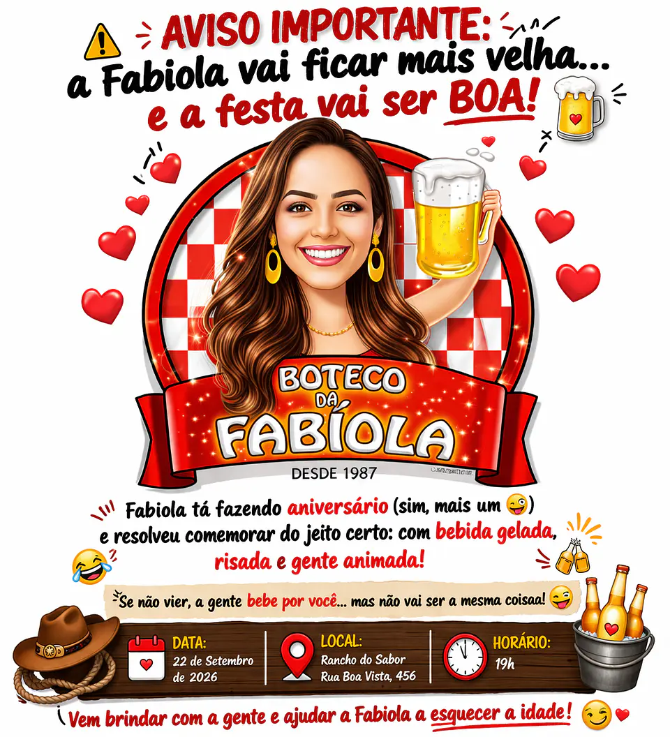 Caricatura Personalizada Feminina Tema Boteco | Convite e Banner para Aniversário 2
