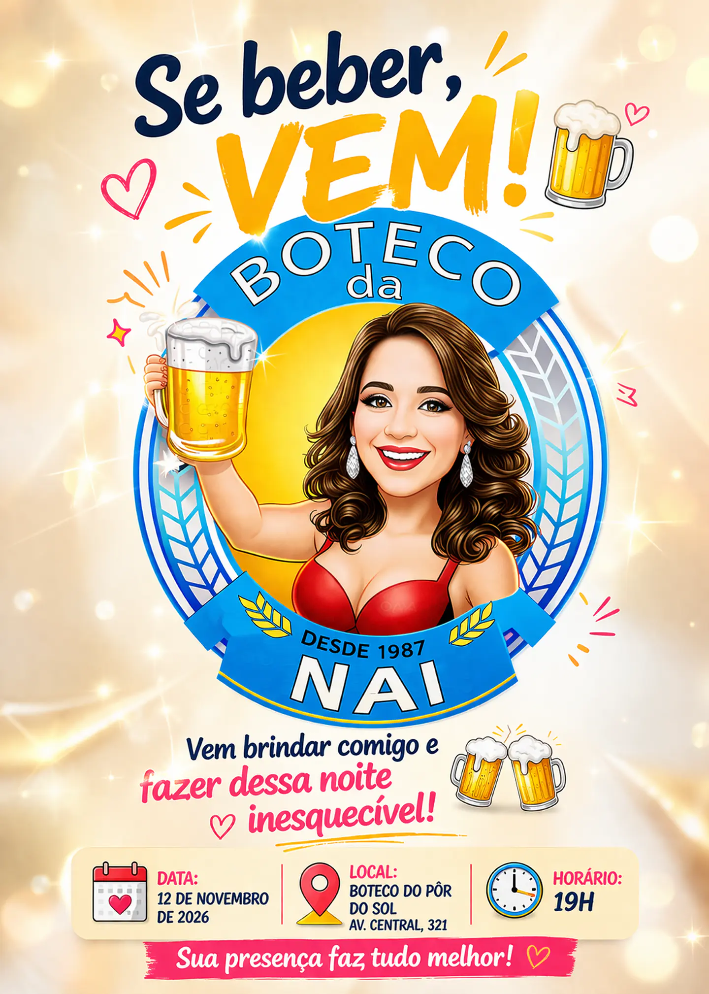 Caricatura Personalizada Feminina Tema Boteco | Convite e Banner para Aniversário 1