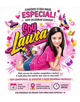 Caricatura  Personalizada  Convite  Aniversário Jovem Menina Patinadora Patins  Antigo Quad Esporte 4 Rodinhas  Skate Roller Botinha 9 10 11 12 13 14 15 16 anos, Soy Luna 
