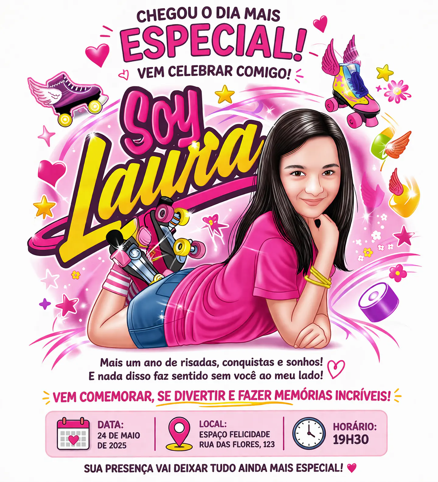 Caricatura  Personalizada  Convite  Aniversário Jovem Menina Patinadora Patins  Antigo Quad Esporte 4 Rodinhas  Skate Roller Botinha 9 10 11 12 13 14 15 16 anos, Soy Luna  1