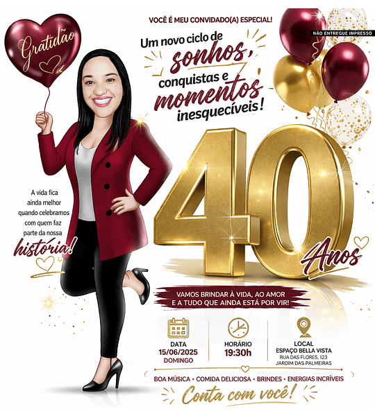 Lindos Convites  com Caricatura Mulher Madura  Festa Aniversário 20 30 40 50 Anos Balões Champanhe Floral Flores Bexiga Desenho Peça já o seu convite personalizado