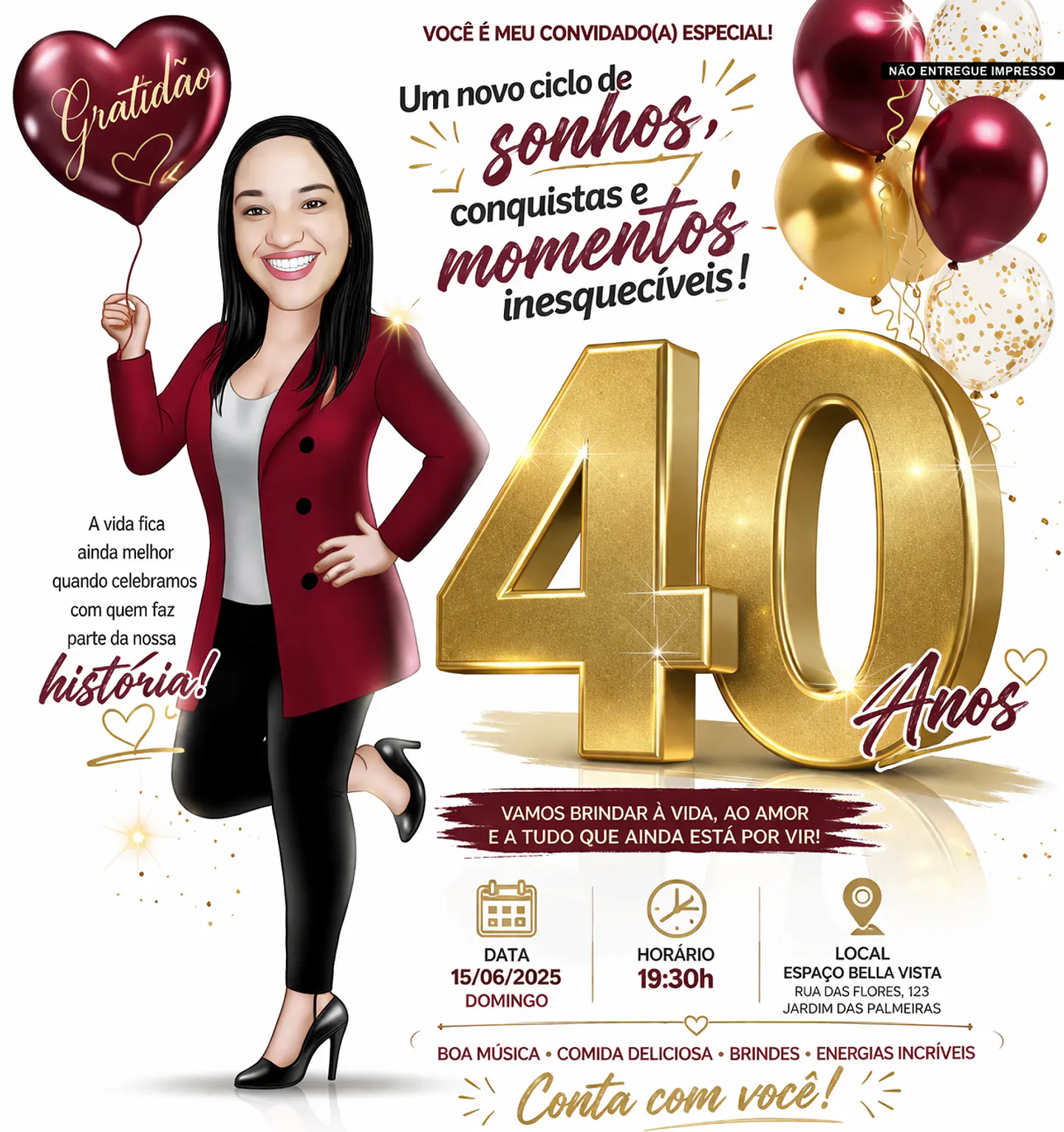 Convite de Aniversário Feminino com Caricatura Digital – Personalizado para Todas as Idades 1