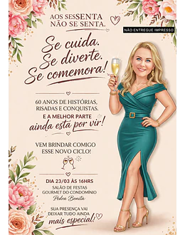 Caricatura + Convite Digital Personalizado  Especial Mulher Aniversário 30 40 50 60 Anos Elegante Brindando comemorando Convidando Entrega Rápida