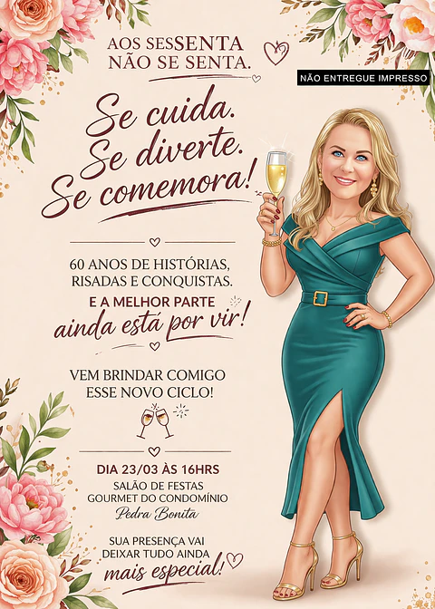 Caricatura + Convite Digital Personalizado  Especial Mulher Aniversário 30 40 50 60 Anos Elegante Brindando comemorando Convidando Entrega Rápida