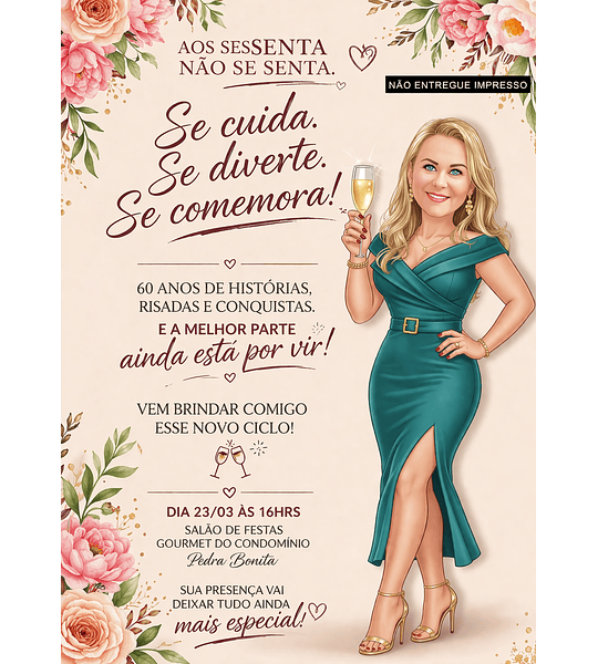 Caricatura + Convite Digital Personalizado  Especial Mulher Aniversário 30 40 50 60 Anos Elegante Brindando comemorando Convidando Entrega Rápida