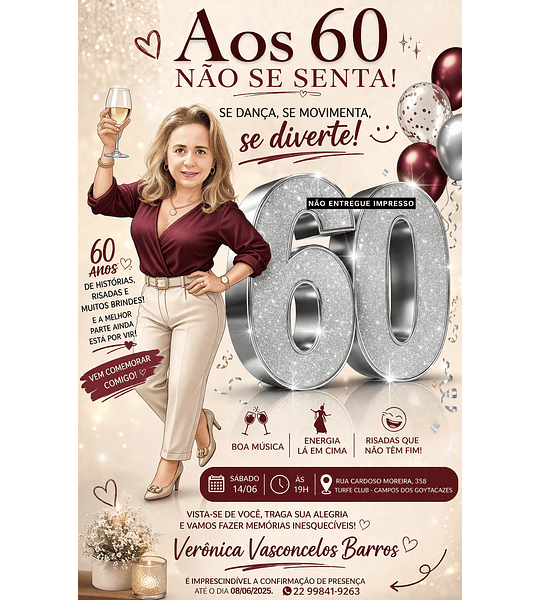 Caricatura + Convite Digital Personalizado  Especial Mulher Aniversário 30 40 50 60 Anos Elegante Brindando comemorando Convidando Entrega Rápida