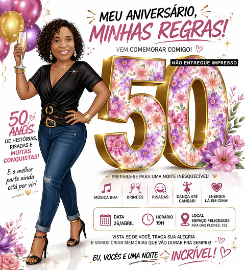 Caricatura + Convite Digital Personalizado  Especial Mulher Aniversário 30 40 50 60 Anos Elegante Brindando comemorando Convidando Entrega Rápida