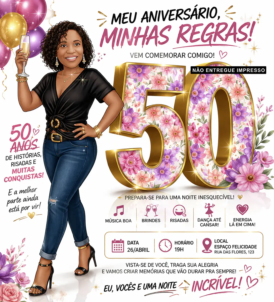 Convite Digital com Caricatura Personalizada Feminina para Aniversário 2