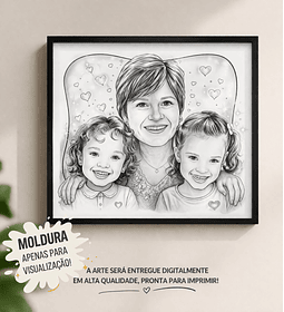 “Já imaginou se ver em uma caricatura cheia de personalidade? 😍” “O presente que ninguém esquece!” Linda caricatura digital  de família a traço preto, avó, vovó, vovô,netos, mãe, filha