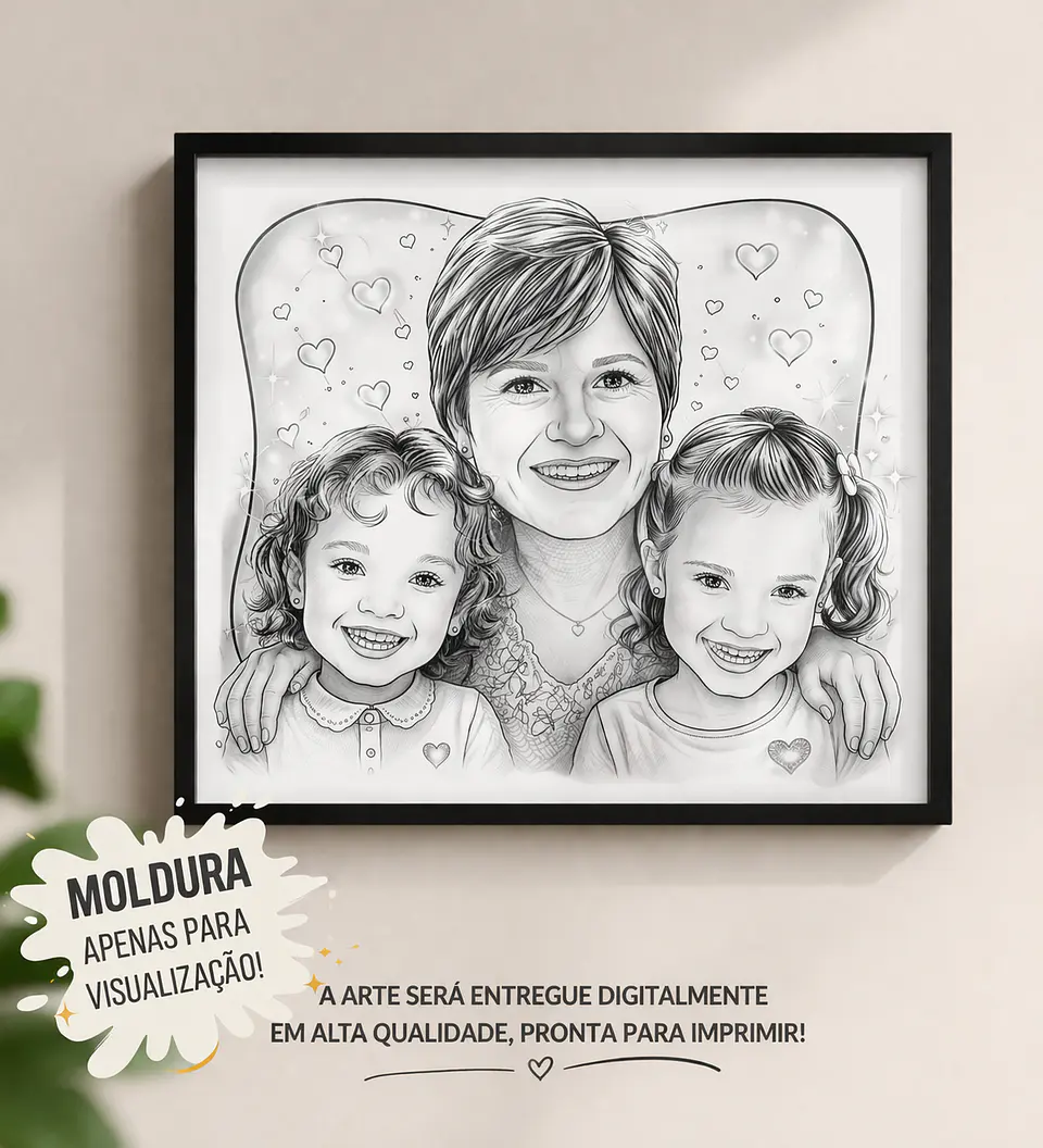 “Já imaginou se ver em uma caricatura cheia de personalidade? 😍” “O presente que ninguém esquece!” Linda caricatura digital  de família a traço preto, avó, vovó, vovô,netos, mãe, filha 1