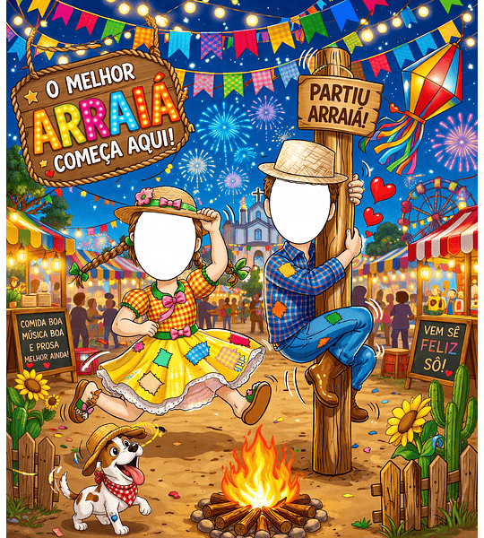 Desenho DIGITAL feito para Banner Eu FUI com Brincadeira São João Festa Junina Arraiá Pulando Fogueira Subindo Pau de Sebo Chapéu de Palha Casal de Noivos Caipiras NÂO IMPRESSO Pronta Entrega Painel 