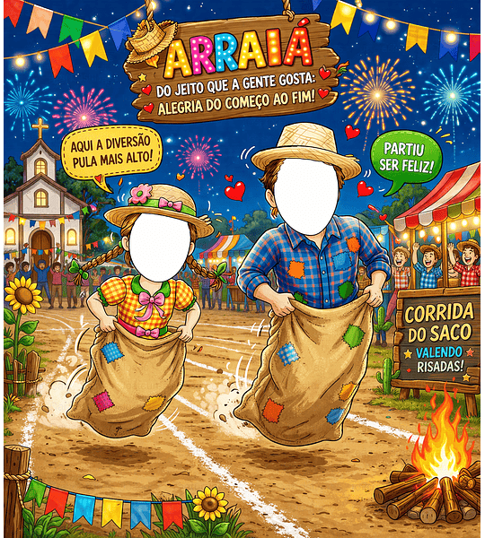 Desenho DIGITAL feito para Banner Eu FUI com Brincadeira São João Festa Junina Arraiá Pulando Fogueira Subindo Pau de Sebo Chapéu de Palha Casal de Noivos Caipiras NÂO IMPRESSO Pronta Entrega Painel 