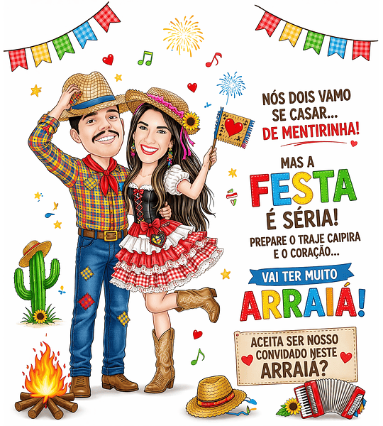 Caricatura Personalizada Digital para Convites Festa Junina, Casamento e Aniversário Caricatura de Casal Caipira Arraiá