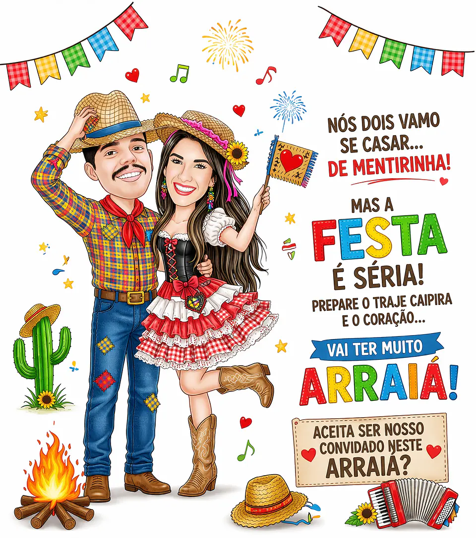 Caricatura Junina Adultos Personalizada | Casal Caipira, Festa Junina, Arraiá e Convite Digital 3