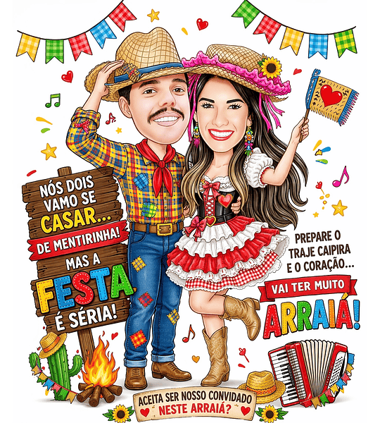 Caricatura Personalizada Digital para Convites Festa Junina, Casamento e Aniversário Caricatura de Casal Caipira Arraiá