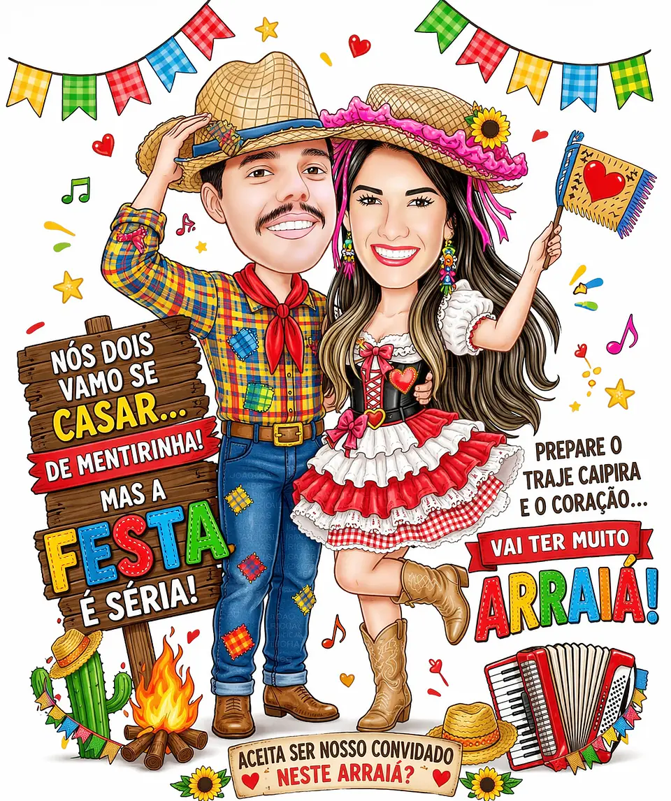 Caricatura Junina Adultos Personalizada | Casal Caipira, Festa Junina, Arraiá e Convite Digital 4
