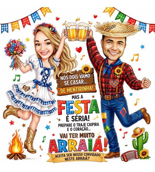 Caricatura Personalizada Digital para Convites Festa Junina, Casamento e Aniversário Caricatura de Casal Caipira Arraiá