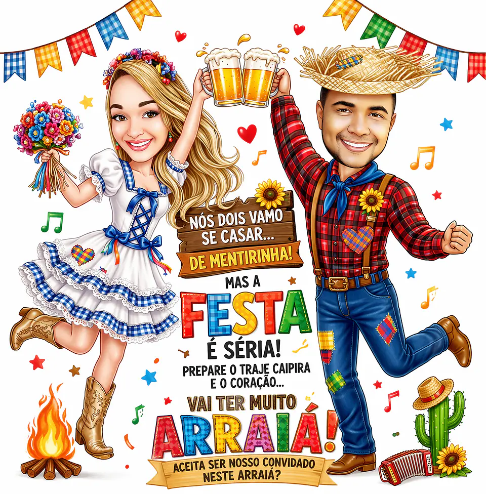Caricatura Junina Adultos Personalizada | Casal Caipira, Festa Junina, Arraiá e Convite Digital 5