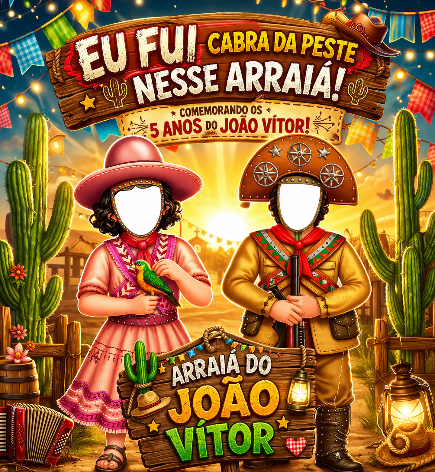 Banner Eu Fui Cangaceirinhos Lampião Mirim Maria Bonita Mirim  Menino Menina Nordestino Cactos Lamparina Arraiá Painel Digital NÂO IMPRESSO Festa Infantil Aniversário Foto no Clima da Festa  1