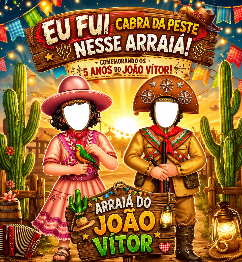 Banner Eu Fui Cangaceirinhos Lampião Mirim Maria Bonita Mirim  Menino Menina Nordestino Cactos Lamparina Arraiá Painel Digital NÂO IMPRESSO Festa Infantil Aniversário Foto no Clima da Festa  1