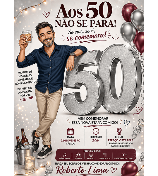 Convite com Caricaturas Aniversário"não impressas" Festa Convite Aniversário Homem  Tema 55 40 70 Anos Balões Professor Enfermeiro 