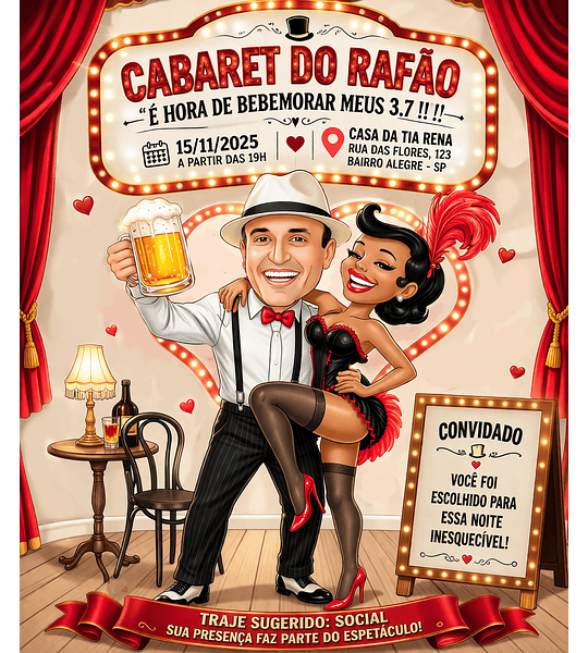  Convite com Caricatura de Mulher no tema Cabaré Stripe Tease Cabaré com Plumas e Charme