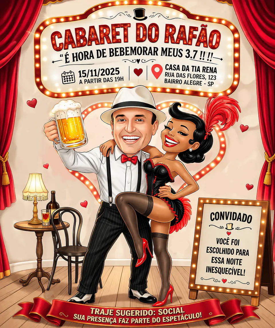 Caricatura Tema Cabaré Feminino | Convite Personalizado com Plumas 2