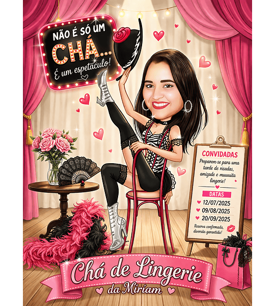  Convite com Caricatura de Mulher no tema Cabaré Stripe Tease Cabaré com Plumas e Charme