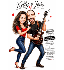 Convite Caricatura Casal Casamento Namorados Tocando ao Vivo Violão Guitarra Músico Guitarrista Artista Musical