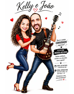  Convite Caricatura Casal Casamento Namorados Tocando ao Vivo Violão Guitarra Músico Guitarrista Artista Musical