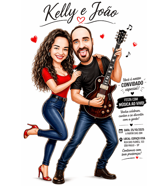  Convite Caricatura Casal Casamento Namorados Tocando ao Vivo Violão Guitarra Músico Guitarrista Artista Musical