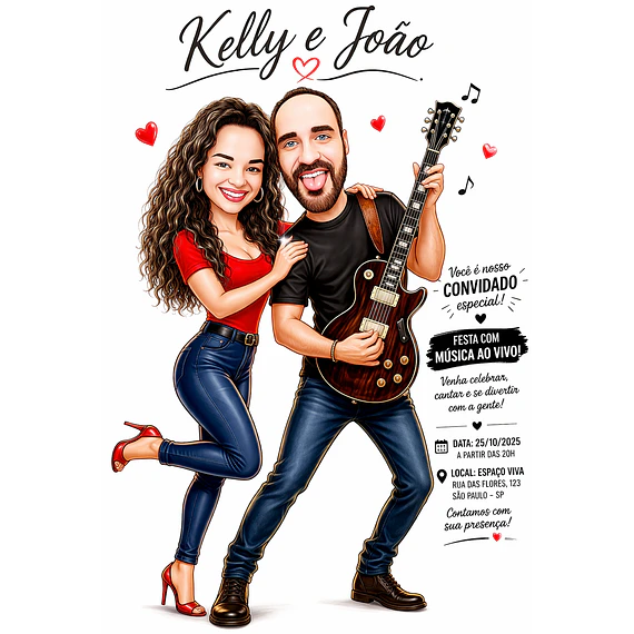  Convite Caricatura Casal Casamento Namorados Tocando ao Vivo Violão Guitarra Músico Guitarrista Artista Musical