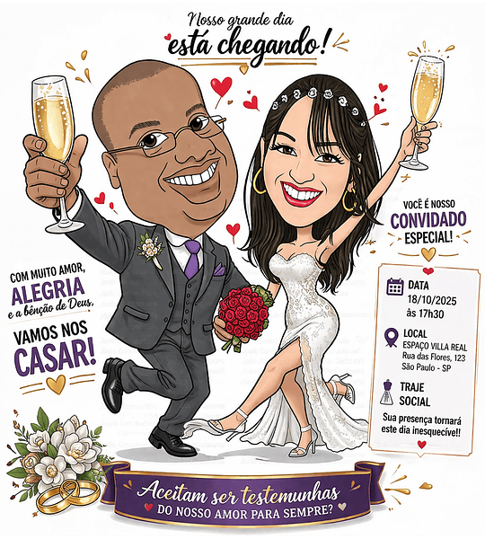 Caricaturas de Noivos para Convites de Casamento | Arte Personalizada