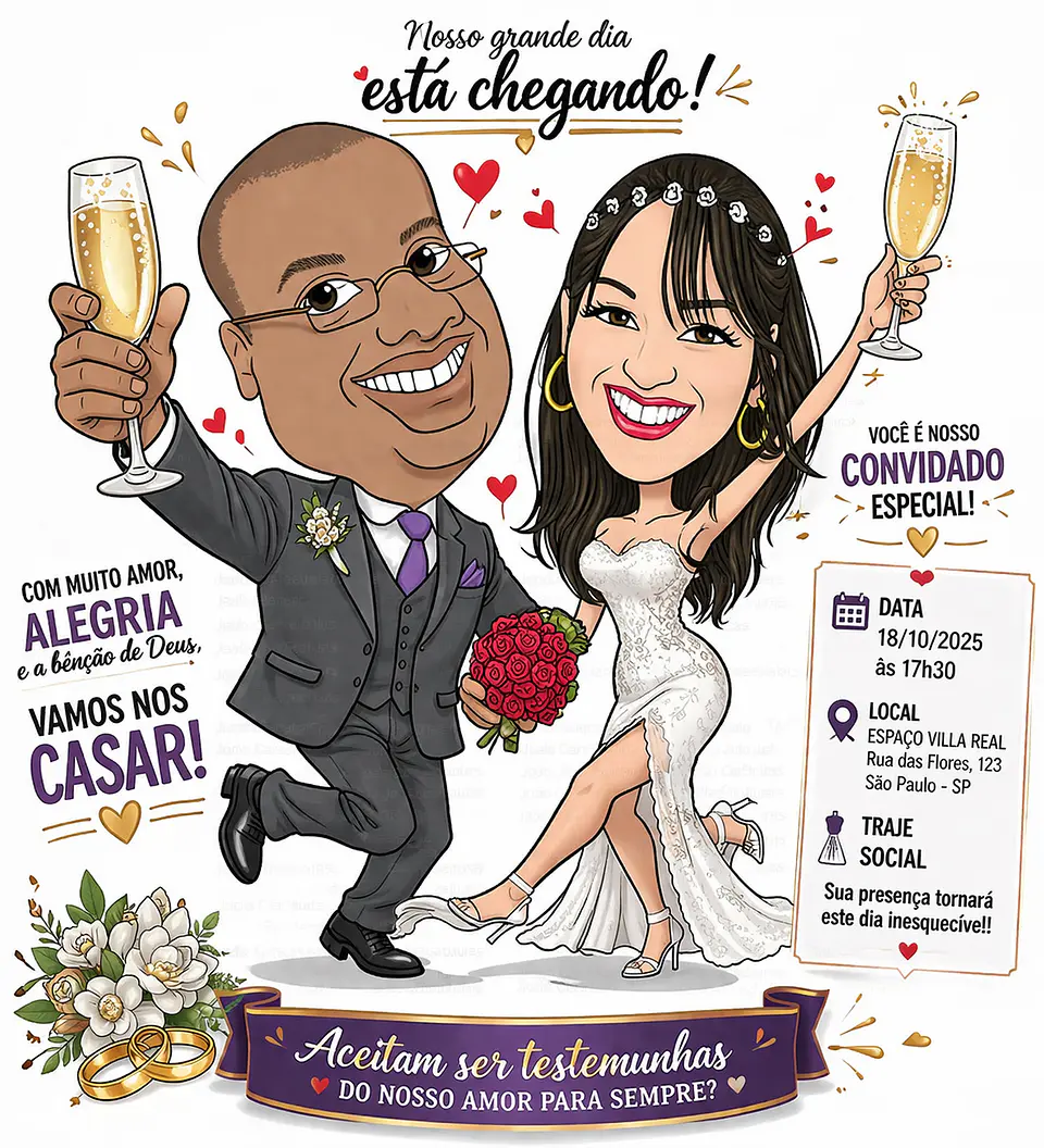Caricaturas de Noivos para Convites de Casamento | Arte Personalizada 3