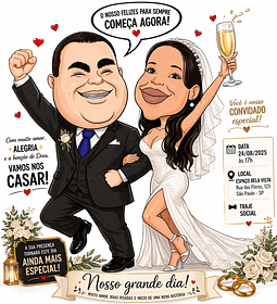 Caricaturas  para Convite de Casamento Casal, brindando, noivo com churrasquinho, caricatura engraçada, caricatura caricata, caricatura com distorções fortão sarado no colo noiva musculoso noivo 