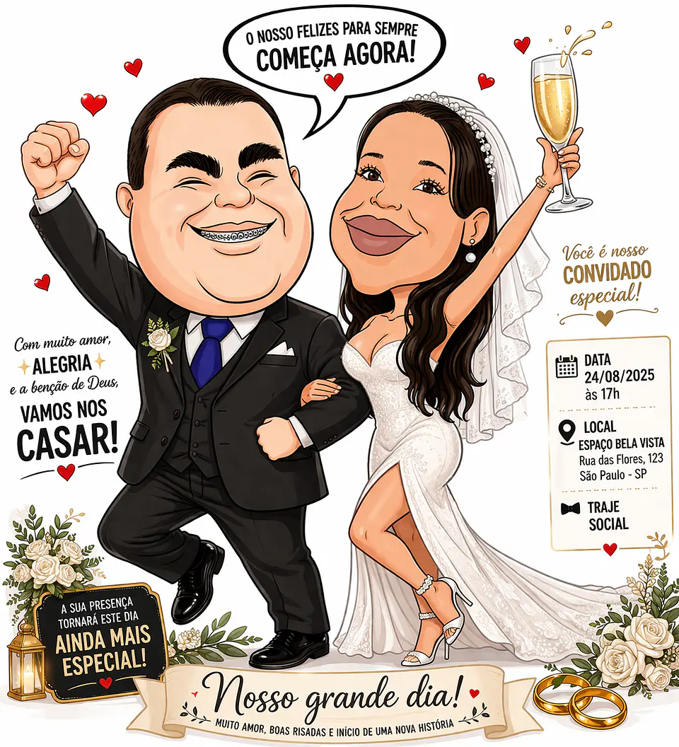 Caricaturas de Noivos para Convites de Casamento | Arte Personalizada 2