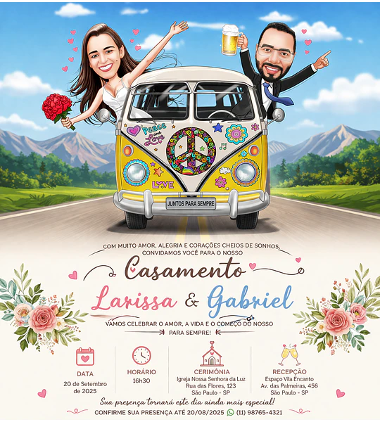 Caricatura de Casamento com Carro Personalizada – Noivos Dirigindo e Tema Automotivo
