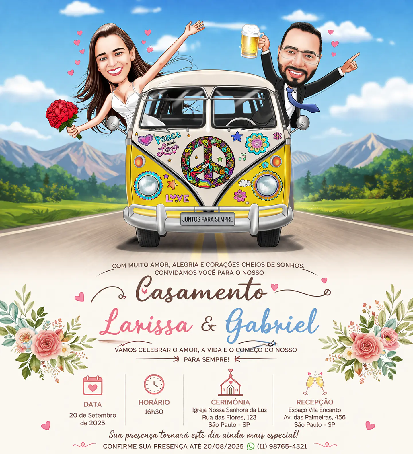 Caricatura de Casamento com Carro Personalizada – Noivos Dirigindo e Tema Automotivo 2