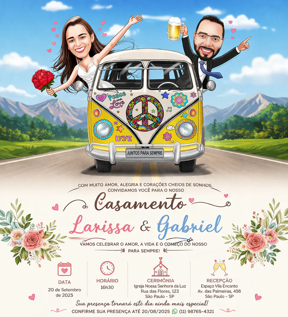 Caricatura de Casamento com Carro Personalizada – Noivos Dirigindo e Tema Automotivo 2