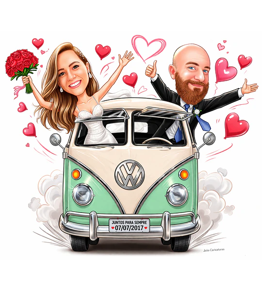 Caricatura de Casamento com Carro Personalizada – Noivos Dirigindo e Tema Automotivo