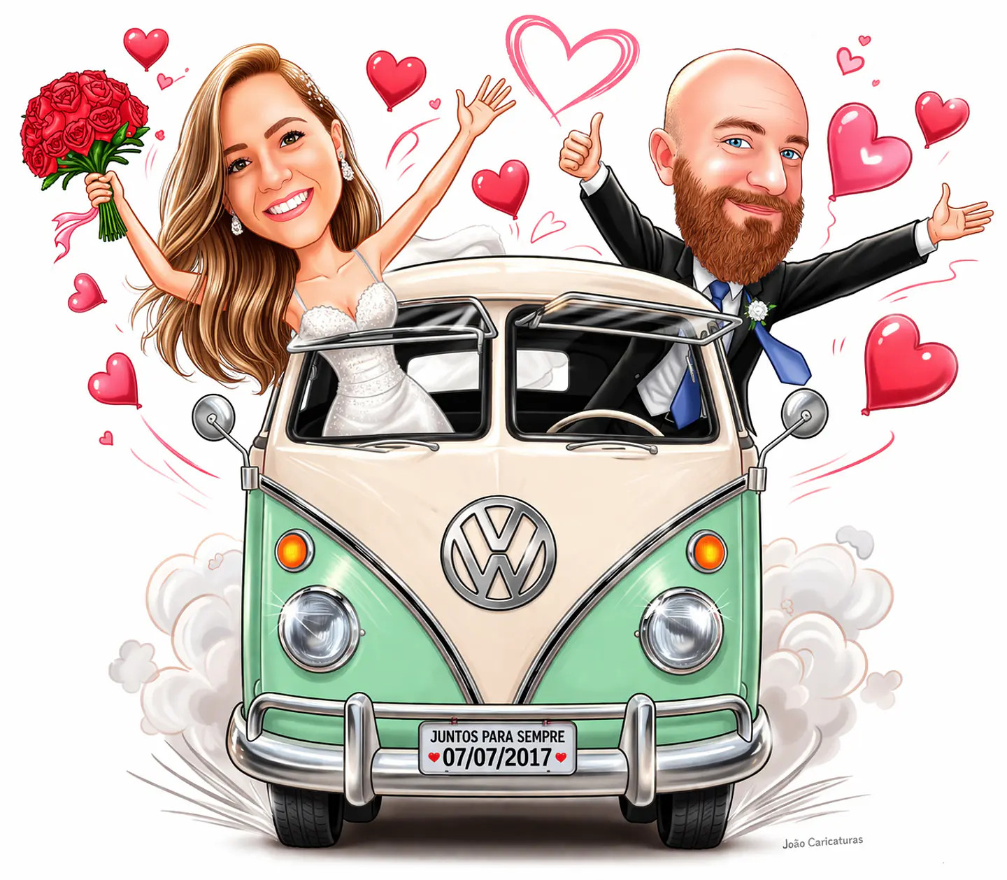 Caricatura de Casamento com Carro Personalizada – Noivos Dirigindo e Tema Automotivo 3