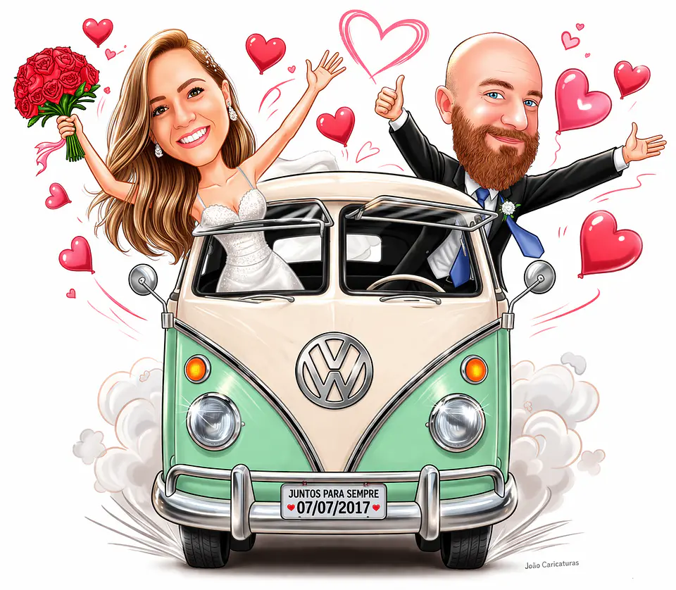 Caricatura de Casamento com Carro Personalizada – Noivos Dirigindo e Tema Automotivo 3