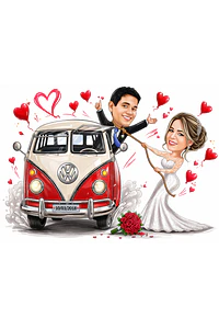 Caricatura de Casamento com Carro Personalizada – Noivos Dirigindo e Tema Automotivo