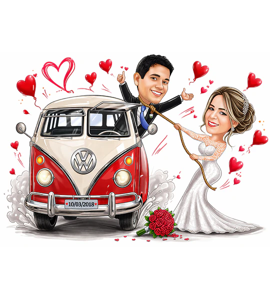 Caricatura de Casamento com Carro Personalizada – Noivos Dirigindo e Tema Automotivo